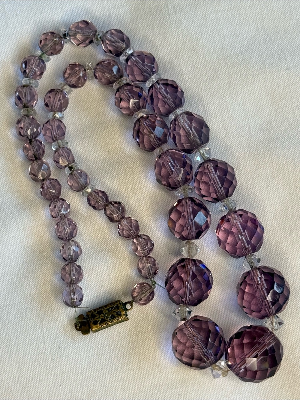 Vintage Czech Crystal Amethyst Fire Polished Graduated Beads 15” Necklace.